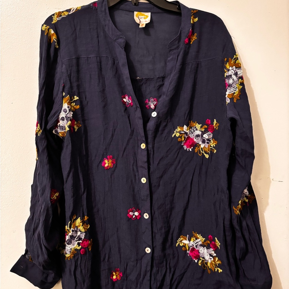 fig and flower Navy Embroidered Floral Button-Down Shirt